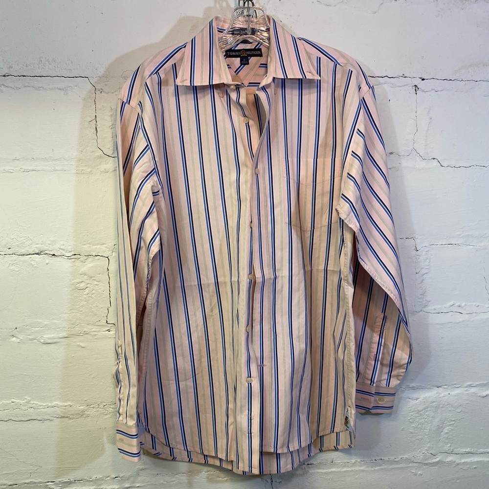 Tommy Hilfiger Mens Pink Shirt w Blue Stripes Button Down Collar and Pocket